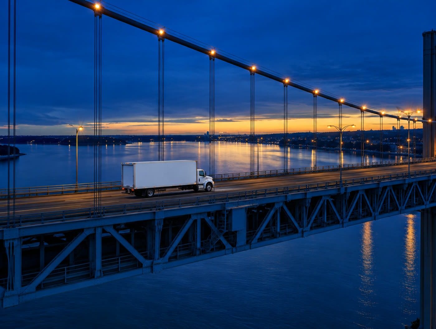 White 26-foot box truck crossing a bridge at dusk