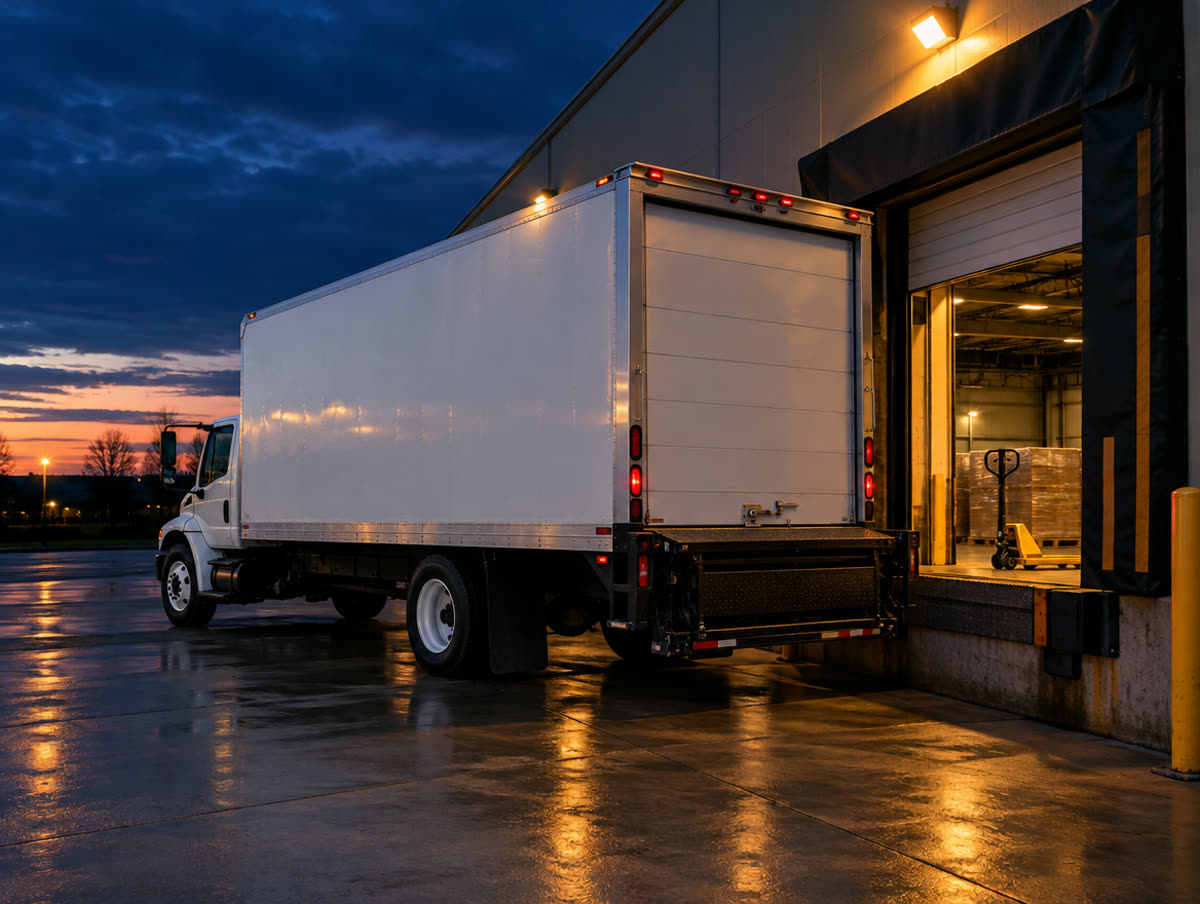 White 16-foot box truck backed up to a loading dock