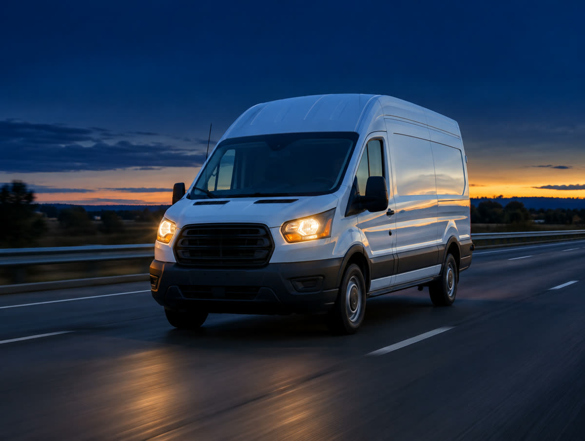 White high-roof cargo van on an interstate at dusk