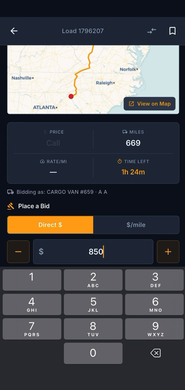 CargoAI bids screen with sample load information