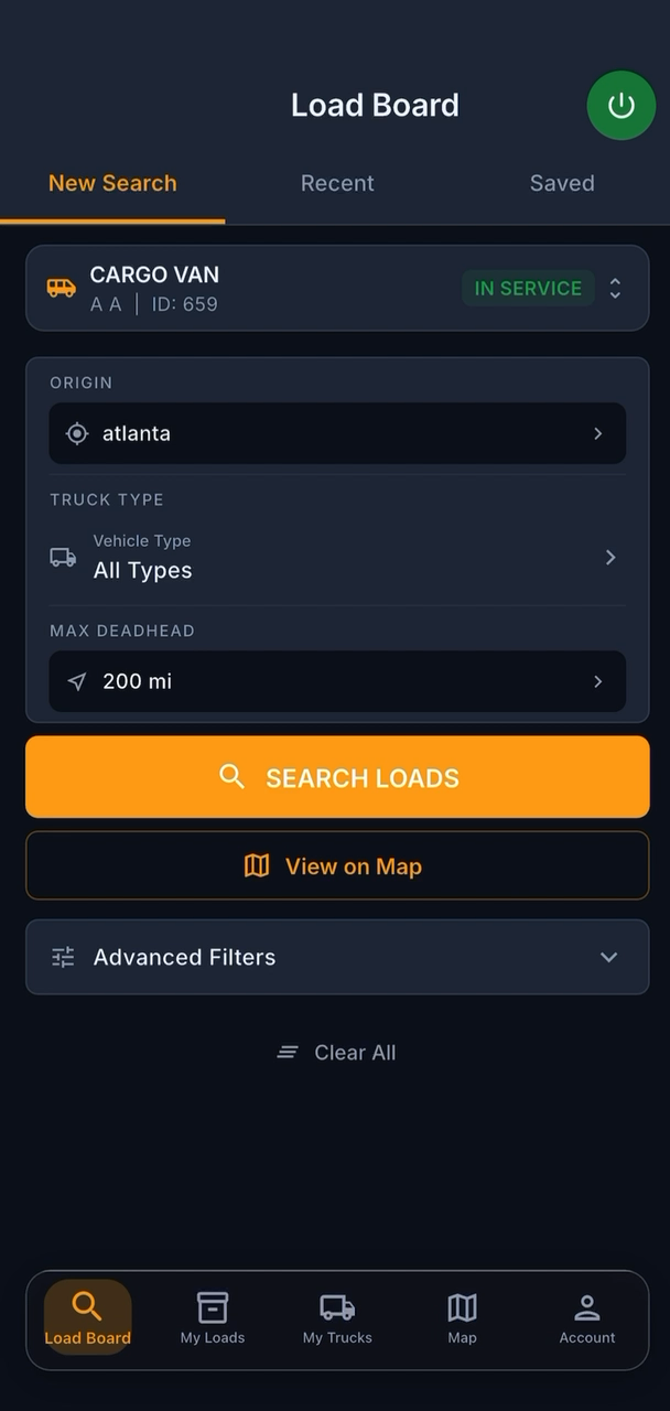 CargoAI Load Board search screen